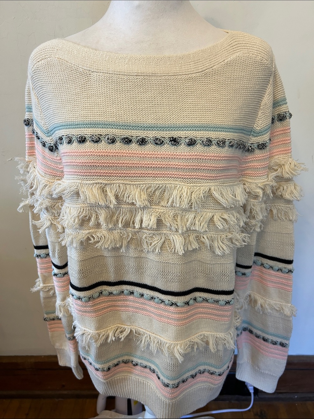 Loft Women's Cream Fringe Striped Sweater - Soft Pastel Accent Size L EUC